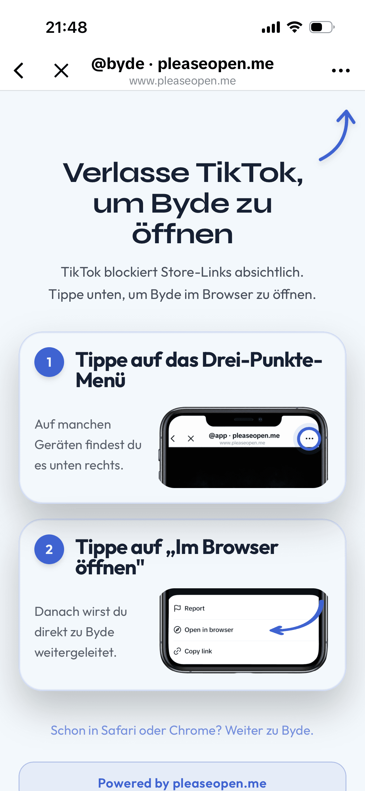 pleaseopen.me-Beispielseite mit TikTok-/Meta-Escape-Hinweis und anschließender Weiterleitung zum App Store