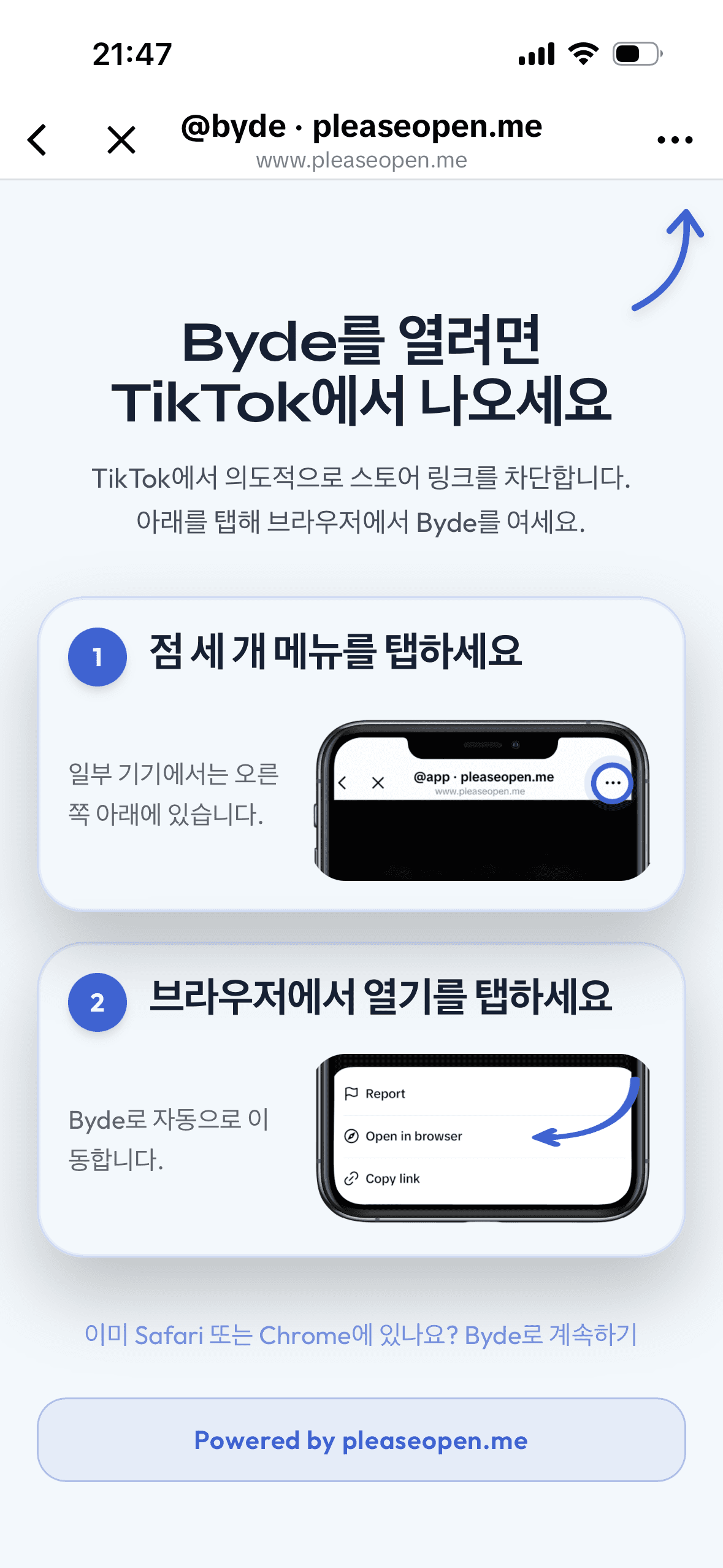 TikTok/Meta escape 안내와 이어지는 App Store Redirect가 표시된 pleaseopen.me 예시 페이지