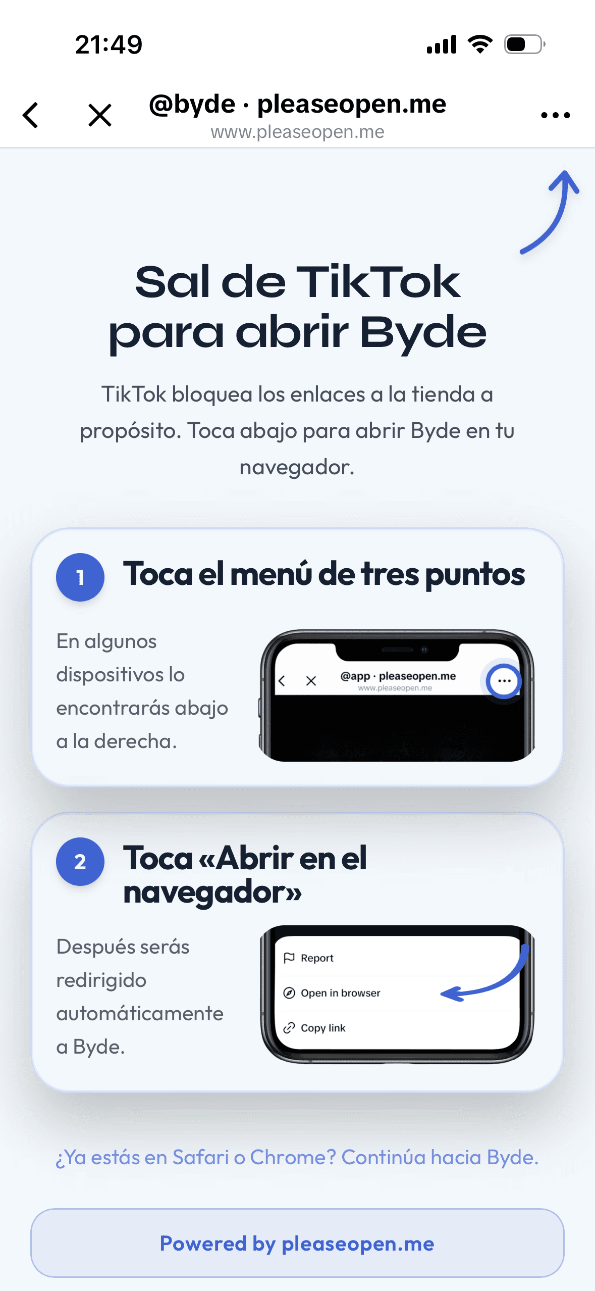 Página de ejemplo de pleaseopen.me con indicación de TikTok-/Meta-Escape y posterior redirección a App Store